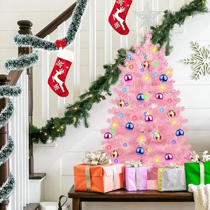 3 Ft Premium Pink Christmas Tree Dual Color Change 12 Modes Timer DIY 50 Warm White & Multicolor Lights 15 Ball Ornaments Star Artificial Small Full Xmas Tree Battery Operated Table Home Indoor