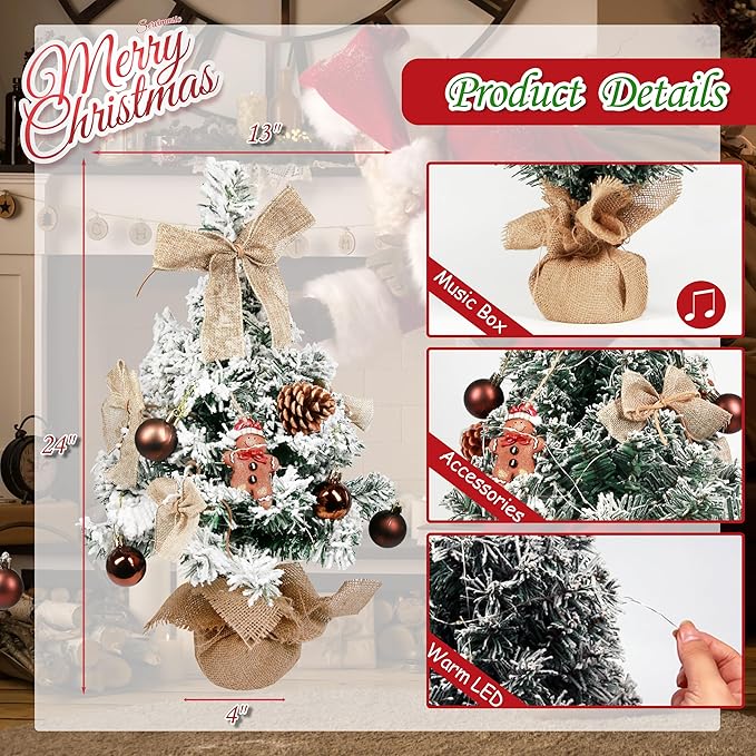 Sunnyglade Mini Christmas Tree, 24 Inch/2 FT Lighted Tabletop Artificial Xmas Tree with Music Box, Gingerbread Man Tag and Decor Ball, DIY Small Tree with LED for Holiday Home Party Decor