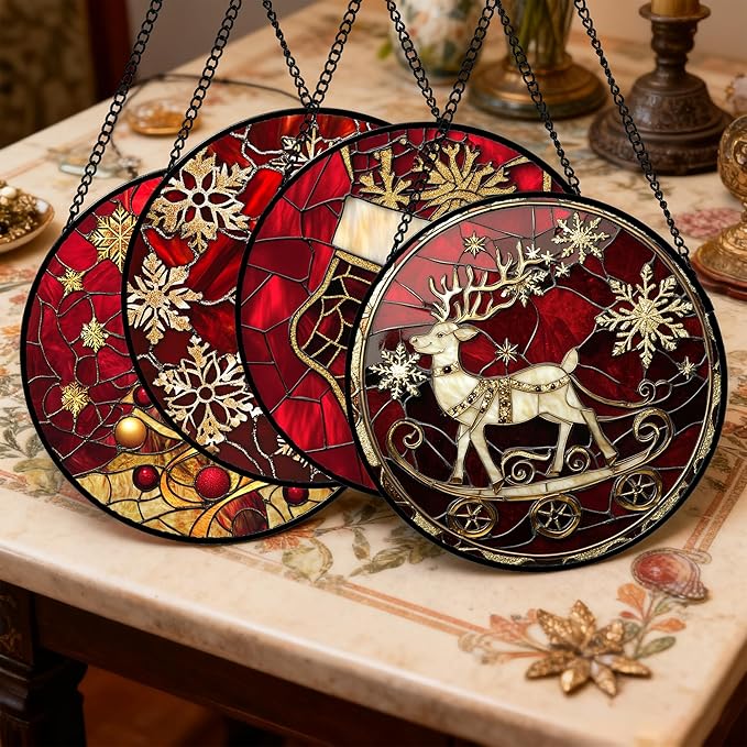 Stained Glass Window Hanging 4 Pcs Set Red Christmas Elk Snowflakes Large 15" - Deer Suncatcher Door Garden Sun Catcher Decor Birthday for Mom Woman Nana Men Friend