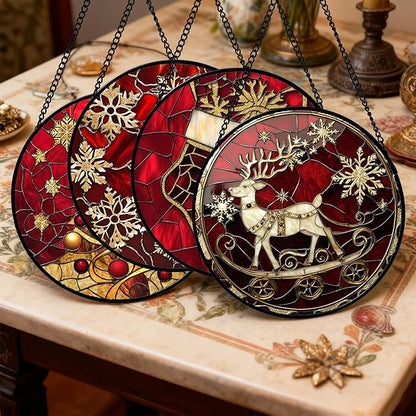 Stained Glass Window Hanging 4 Pcs Set Red Christmas Elk Snowflakes Large 15" - Deer Suncatcher Door Garden Sun Catcher Decor Birthday for Mom Woman Nana Men Friend