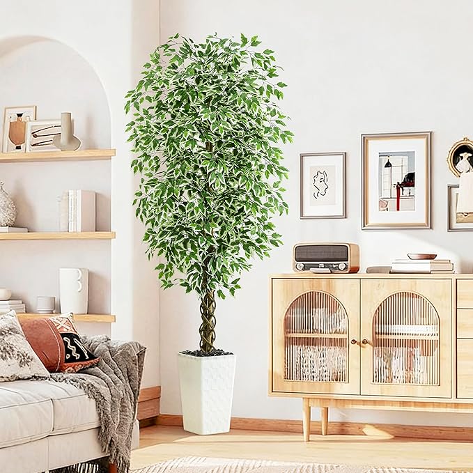 Artificial Ficus Tree Indoor 6FT Fake Plants Large Artificial Plant with Crack White Tall Planter, Green Lifelike Lush Fake Ficus Tree for Home Living Room Bedroom Outdoor Balcony House Office Decor