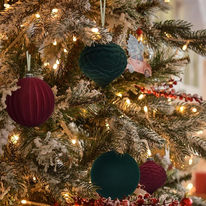 KI Store Velvet Christmas Balls Burgundy 25pcs Flocked Christmas Tree Ornaments Assortment for Xmas Tree Holiday Decor