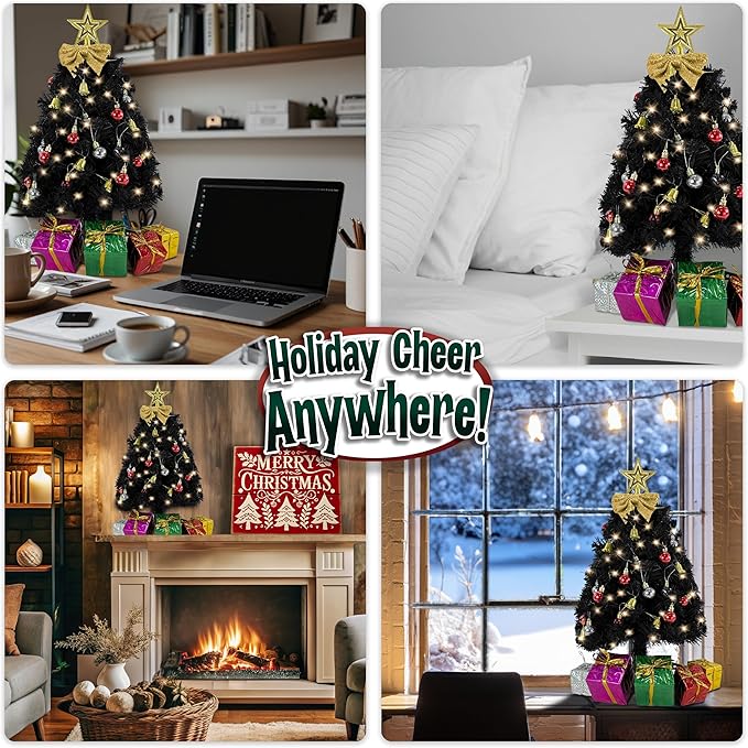 Small Black Christmas Tree with Lights - 23 Inch Mini Tabletop Christmas Tree with Warm-White LED Lights, Hanging Ornaments, Decorative Bow and Gift Boxes - Table Tree for DIY Christmas Decoration