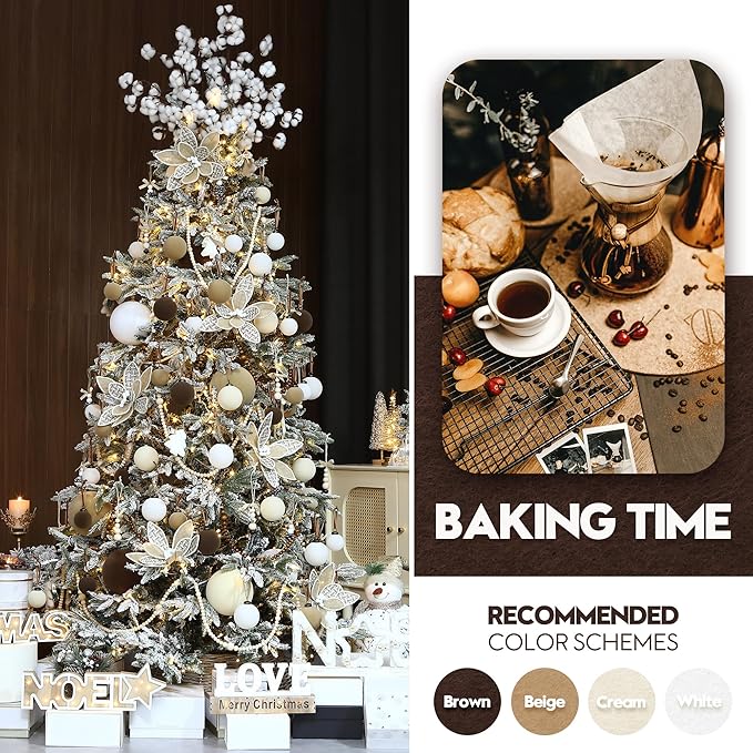 Sea Team 16-Pack Flocked Velvet Christmas Tree Ball Ornaments Set, Hanging Velour Baubles, Shatterproof Plastic Decorations for Xmas Tree, Wreath, Garland, 80mm/3.15 Inches, Beige