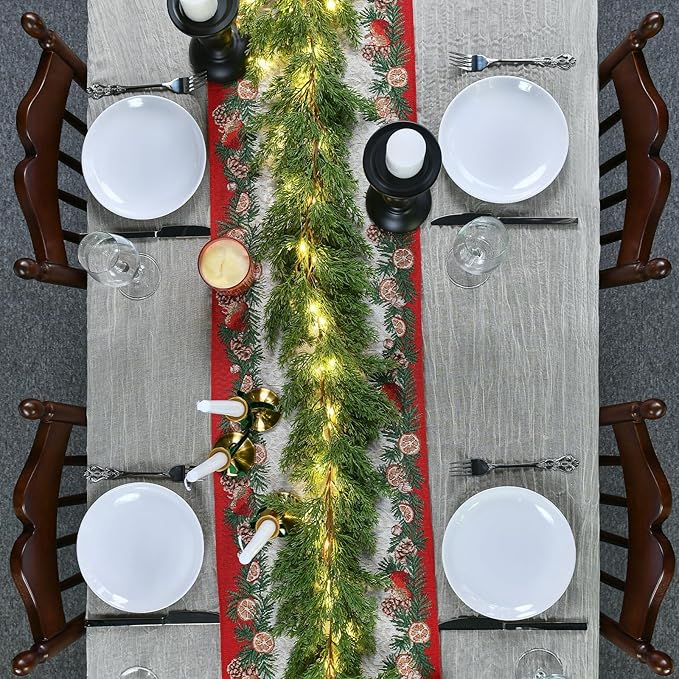 2PCS 6.2FT Christmas Garland with Lights, Real Touch Cedar Garland Thick and Lush Greenery with Soft Artificial Pine Branches for Mantle Fireplace Table Wall Outdoor Indoor Christmas Decorations