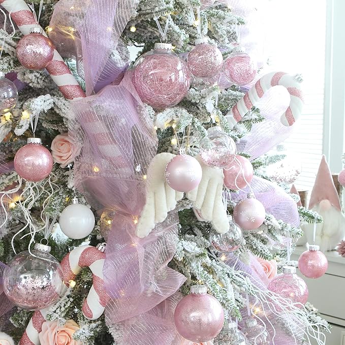 Sea Team Shatterproof Clear Plastic Christmas Ball Ornaments Decorative Xmas Balls Baubles Set with Stuffed Delicate Decorations (70mm/2.76 inch 24-Pack, Pink)