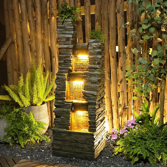 47" H Garden Water Fountain Outdoor with LED Lights & Pump, 3-Tier Cascading Outdoor Fountain for Garden,Patio,Porch,Backyard,Home Art Decor (Gray)