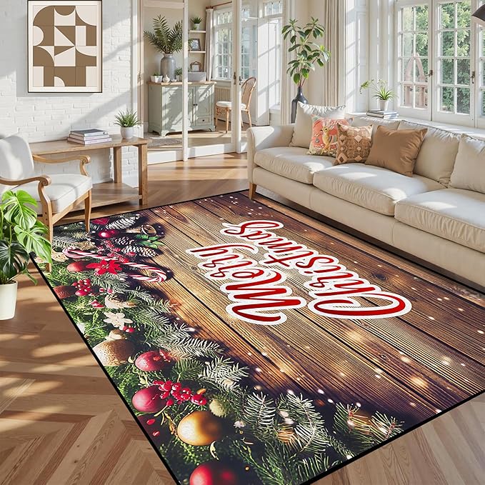 5' X 7' Christmas Rug Wood Grain Rugs, Xmas New Year Door Mat for Bedroom Living Room Kitchen, Merry Christmas Indoor Floor Mats for Holiday Festive Decoration