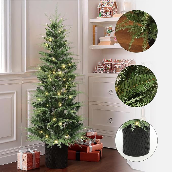 LuxenHome 5FT Small Christmas Tree, Potted Slim Christmas Tree with 100 Warm White LED Lights, Realistic Cedar Prelit Artificial Christmas Trees with Black Planter Pot for Outdoor Porch, Entryway