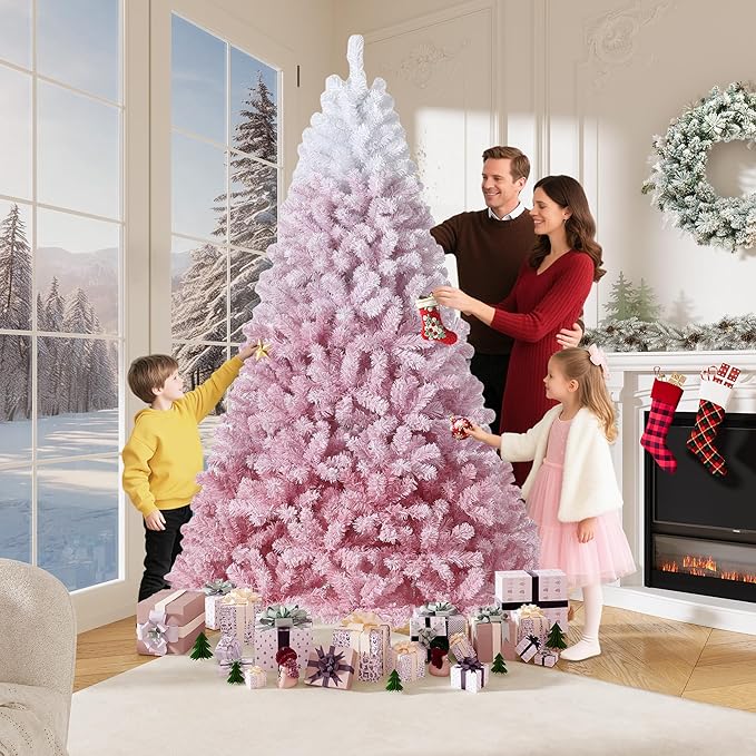 GAOMON 9Ft Pink Christmas Tree,Snow Flocked Artificial Christmas Tree with 800ww LEDs Lights & 288 Branch Tips & Sturdy Metal Stand, Xmas Decoration for Home Office, Party, Holiday, Pink Gradient