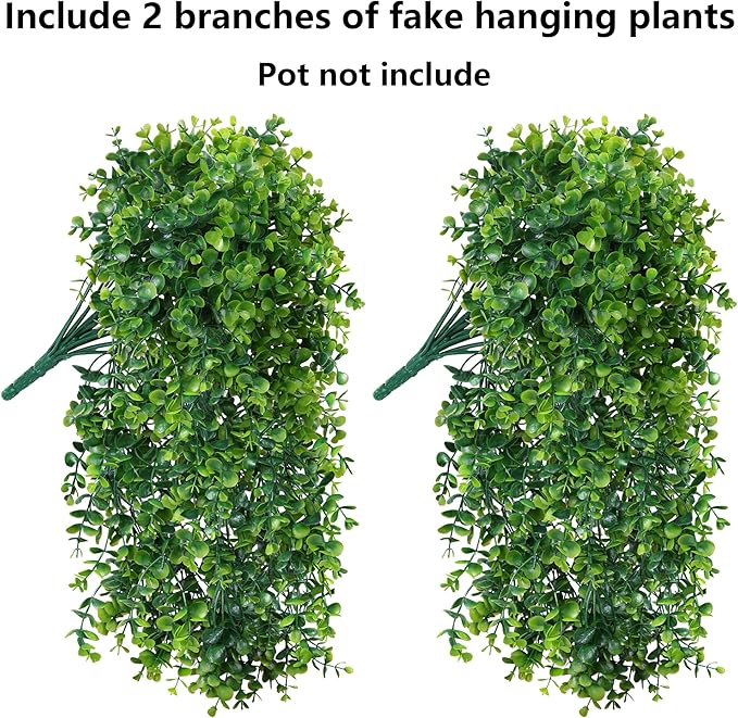 Faux Outdoor Plants Fake Hanging Plants for Outdoors Outside Decorations, 2 Pcs Green Faux Eucalyptus Stems Realistic UV Resistant Artificial Greenery for Planters Porch Garden Yard Front Door Patio