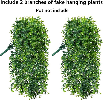 Faux Outdoor Plants Fake Hanging Plants for Outdoors Outside Decorations, 2 Pcs Green Faux Eucalyptus Stems Realistic UV Resistant Artificial Greenery for Planters Porch Garden Yard Front Door Patio