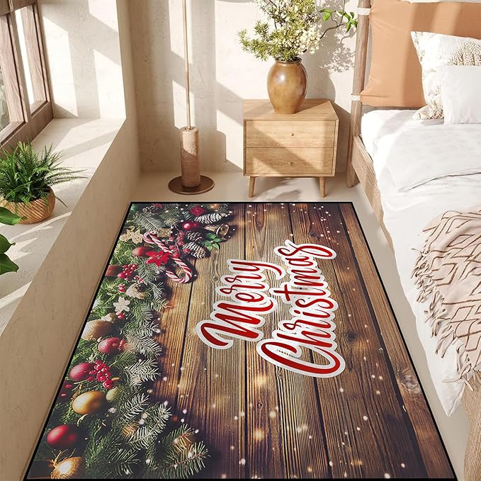 Christmas Wood Grain Xmas Decorative Area Rug, Non-Slip Indoor Throw Washable Rug, 71" X 47"