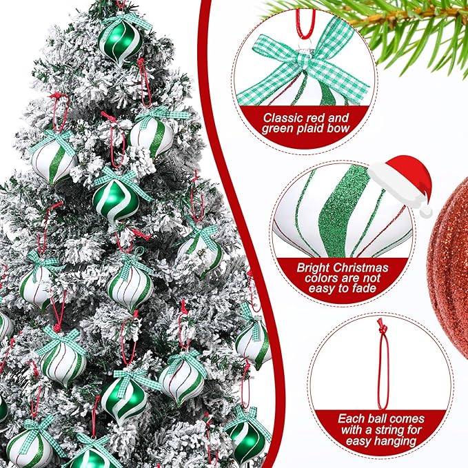 Syhood 24 Pcs Christmas Tree Ornaments, Christmas Ball Decorations Set, Shatterproof Baubles Xmas Tree Hanging Decor, Peppermint Candy Ball Red White Green Stripes Party Holiday(Cute,2.56 Inches)