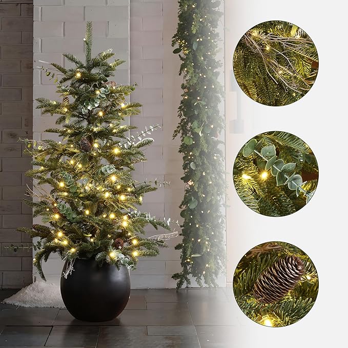 LuxenHome 4FT Small Christmas Tree, Slim Potted Christmas Trees with 100 Warm White LED Lights, Artificial Pine Tree with Pine Cone and Black Round Base, Faux Tree for Holiday Decorations