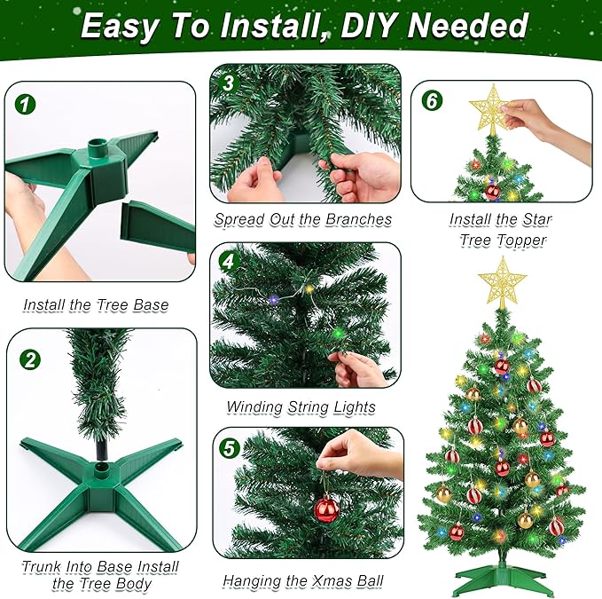 3FT PVC Green Christmas Tree Tinsel with 50 Warm White & Multi Color Fariy Light 3D Star 15 Ball Ornament, 12 Light Modes Timer Battery Operated Small Artificial Full Xmas Tree Indoor Holiday Decor