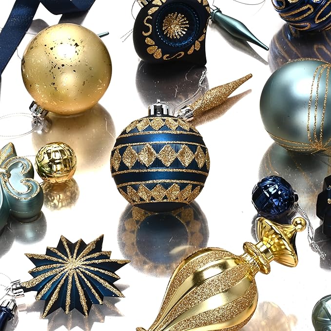 Valery Madelyn Fall Ornaments for Christmas Trees, 60ct Blue and Gold Shatterproof Christmas Tree Decorations, Luxury Hanging Ball Ornaments Bulk for Thanksgiving Autumn Harvest Decor