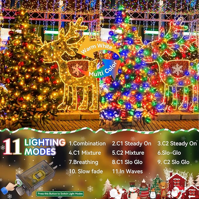 Heceltt 403FT 1000 LED Christmas Lights Outdoor, Color Changing String Lights with 11 Modes and Timer Memory Function for Xmas Tree Wedding Party Holiday Decor (Warm White to Multicolor)