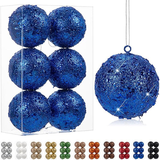 4" Large Christmas Balls Ornaments 6 Pcs Shatterproof Big Navy Blue Christmas Ornaments for Tree Glitter Big Xmas Tree Ornament for Xmas Halloween Holiday Wedding Party Decoration