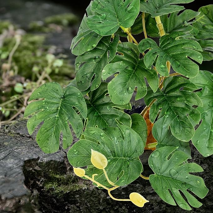 2Pcs Reptile Plants for Terrarium, Amphibian Habitat Decor Plant, Snake Tank Accessories, Artificial Plants for Gecko Lizard Chameleon Tortoise with Base - Fake Monstera