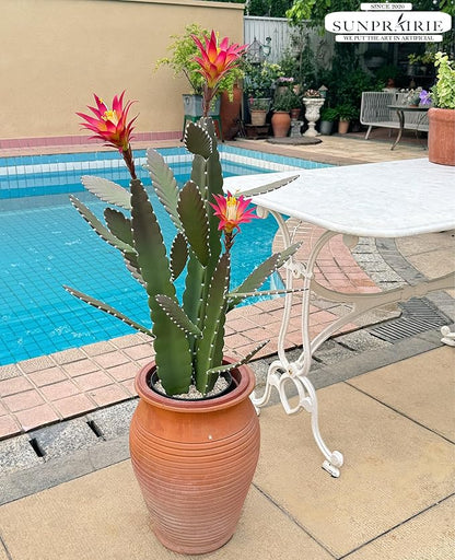 33 Inch Large Artificial Cactus with Magenta Flowers in Pot with Natural Gravel. Satin Finish Leaves with Real Look and Feel. Outdoor and Indoor Faux Plants.