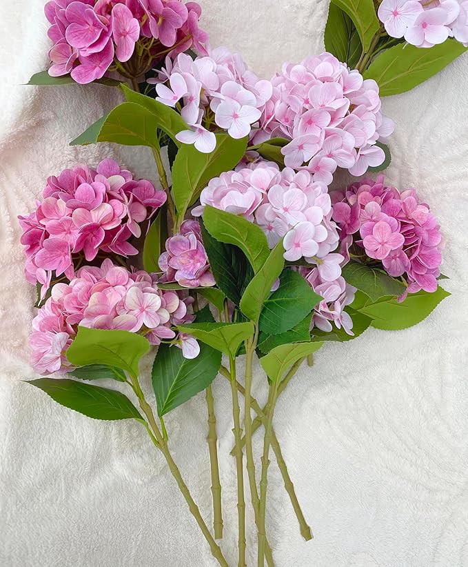 6PCS 23 inch Mix Pink Hydrangea Artificial Flowers，Real Touch Hydrangea Large，Fake Soft Hydrangeas with Leaves Stems - Mix Pink