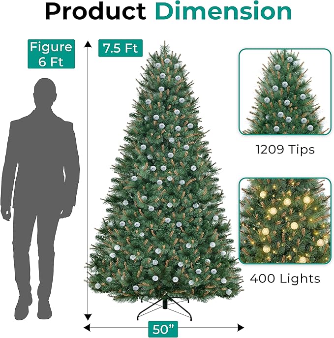 Selena 7.5ft Prelit Artificial Christmas Tree with 1209 Branch Tips, 400 Warm Lights and Metal Stand, 50" Wide Realistic Withered Christmas Tree with Lights by Naomi Home