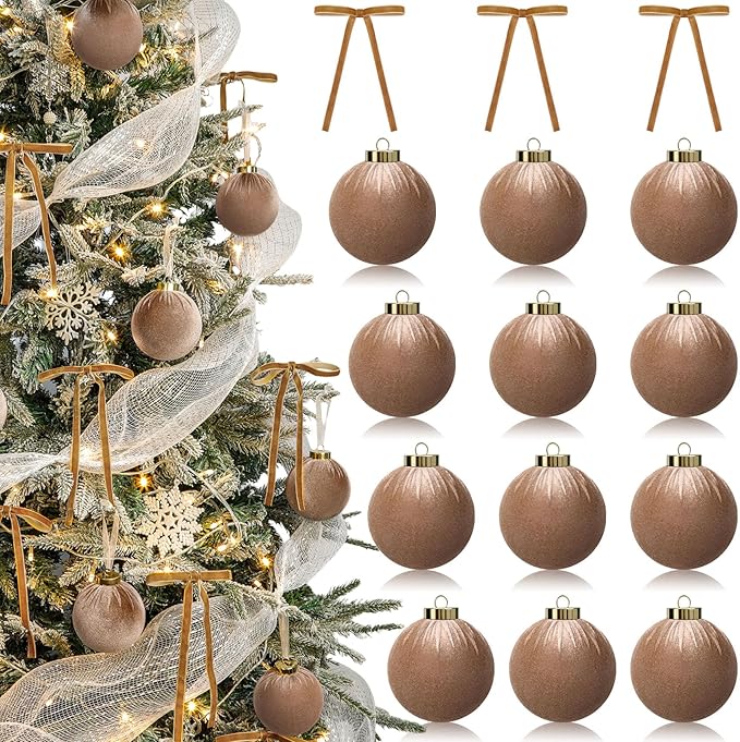 24 Pack Brown Christmas Ornaments Set, 12 Pcs 3.15 Inch Velvet Christmas Balls Shatterproof Flocked Hanging Balls Bulkand 12 Pcs Velvet Bows for Xmas Tree Garland Wreath Party Home Decor