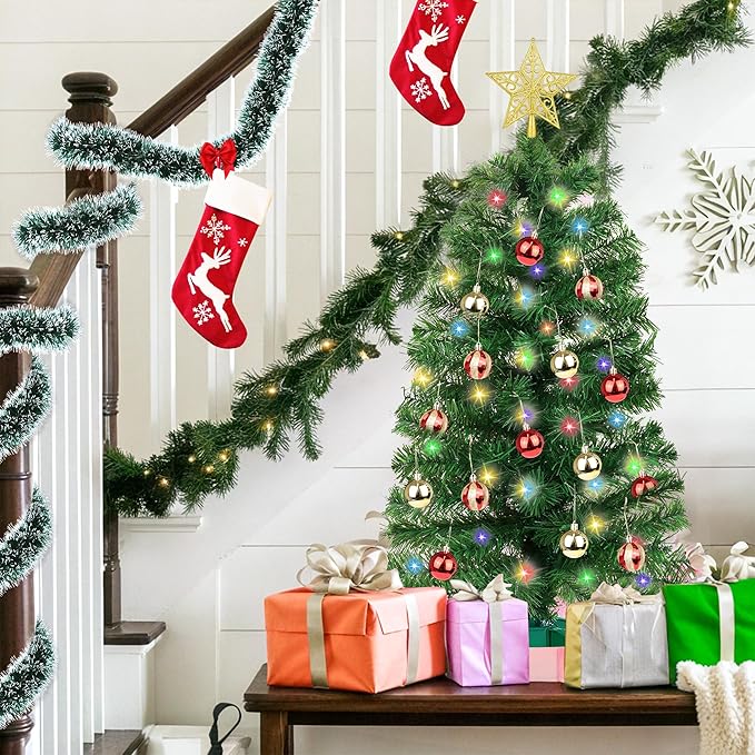 3 Feet Premium Green Christmas Tree 12 Modes Dual Color Change Timer DIY 50 Warm White & Multicolor Lights Star 15 Ball Ornaments Battery Operated Small Artificial Full Xmas Tree Table Home Indoor