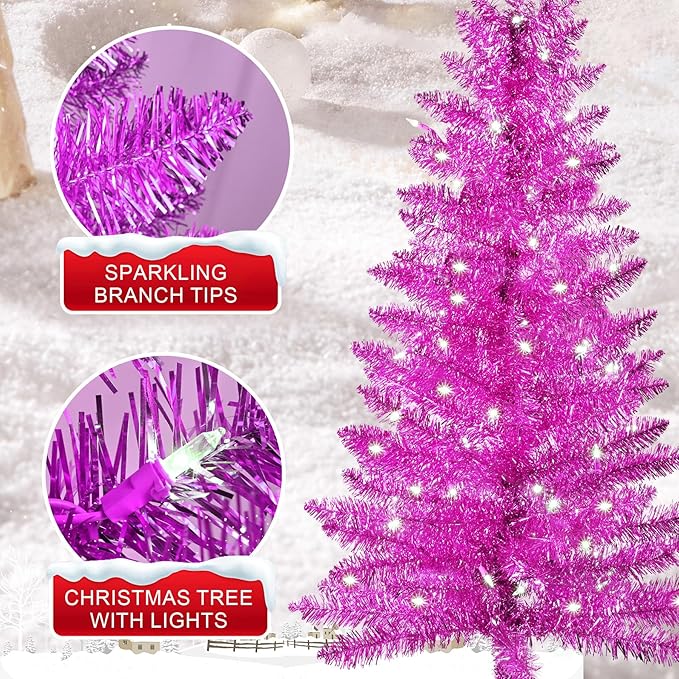 4ft Artificial Full Pink Christmas Tree with Separate Lights, Not Pre-lit Mini Pink Tinsel Pine Christmas Tree, 50 Lights, Small Xmas Tree for Home, Office, Party Decoration, Indoor