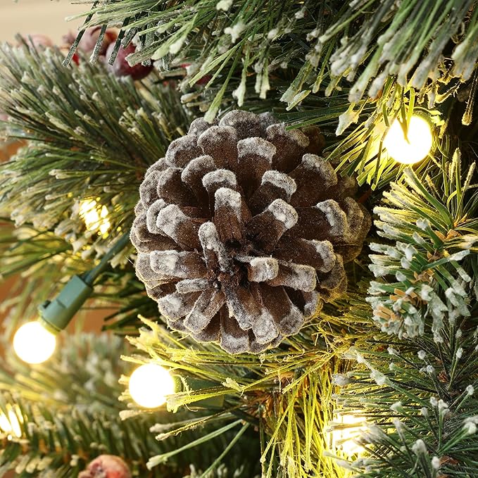 LuxenHome 4FT Christmas Tree, Small Christmas Tree with Lights, Berries and Pine Cones, Potted Christmas Trees with 70 LED Lights, Prelit Xmas Tree for Indoor and Outdoor Use