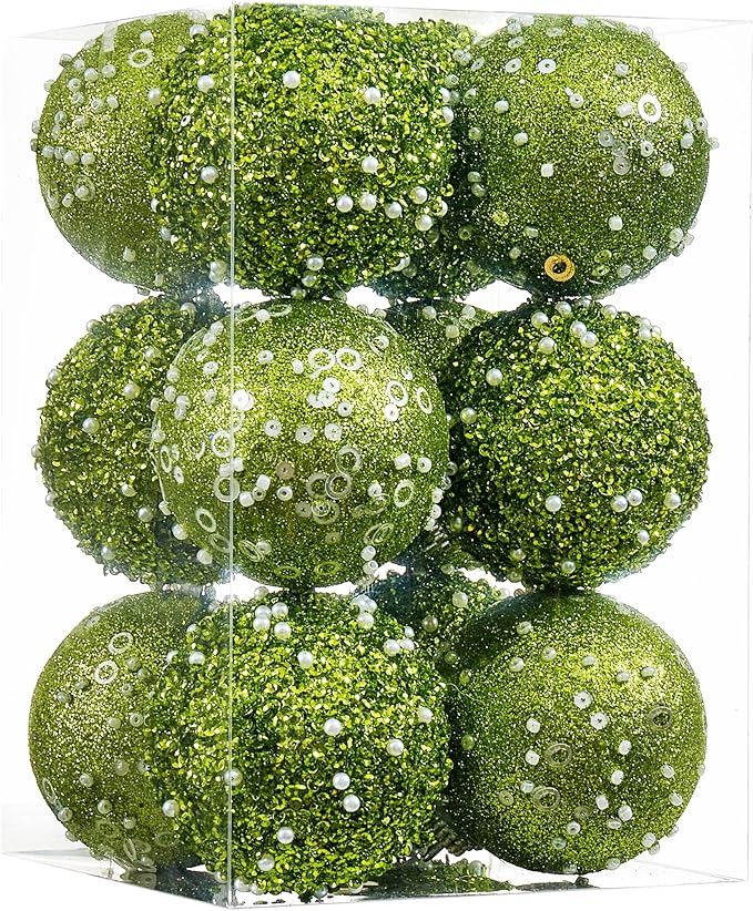 12CT Christmas Ball Ornaments, Green Christmas Ball Decorations Shatterproof Plastic Hanging Pearl Balls for Holiday Party(70mm/2.76")