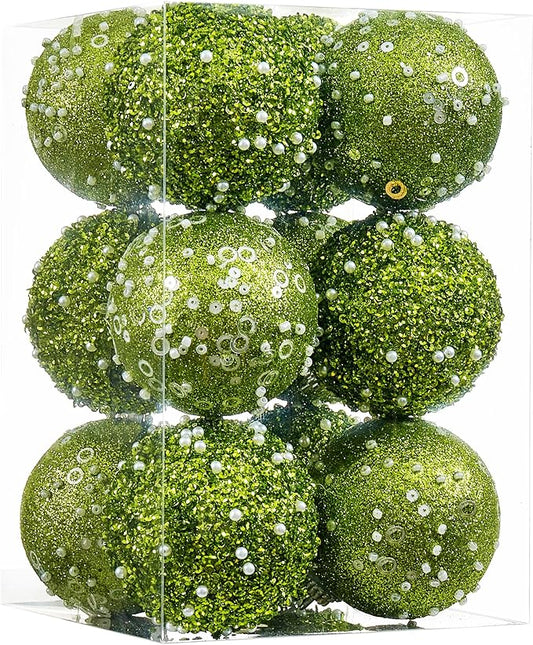 12CT Christmas Ball Ornaments, Green Christmas Ball Decorations Shatterproof Plastic Hanging Pearl Balls for Holiday Party(70mm/2.76")