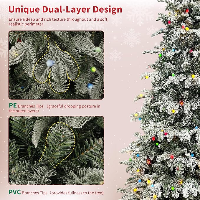 5ft Prelit Christmas Tree, Artificial Snow Flocked Christmas Tree with 140 Multicolor Lights, PE & PVC Mixed Layered Christmas Trees with Metal Stand, Xmas Tree for Holiday Decor