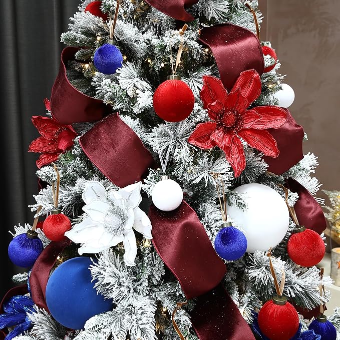 Sea Team 4-Pack Large Flocked Velvet Christmas Tree Ball Ornaments Set, Hanging Velour Baubles, Shatterproof Plastic Decorations for Xmas Tree, Wreath, Garland, 150mm/5.91 Inches, Royal Blue