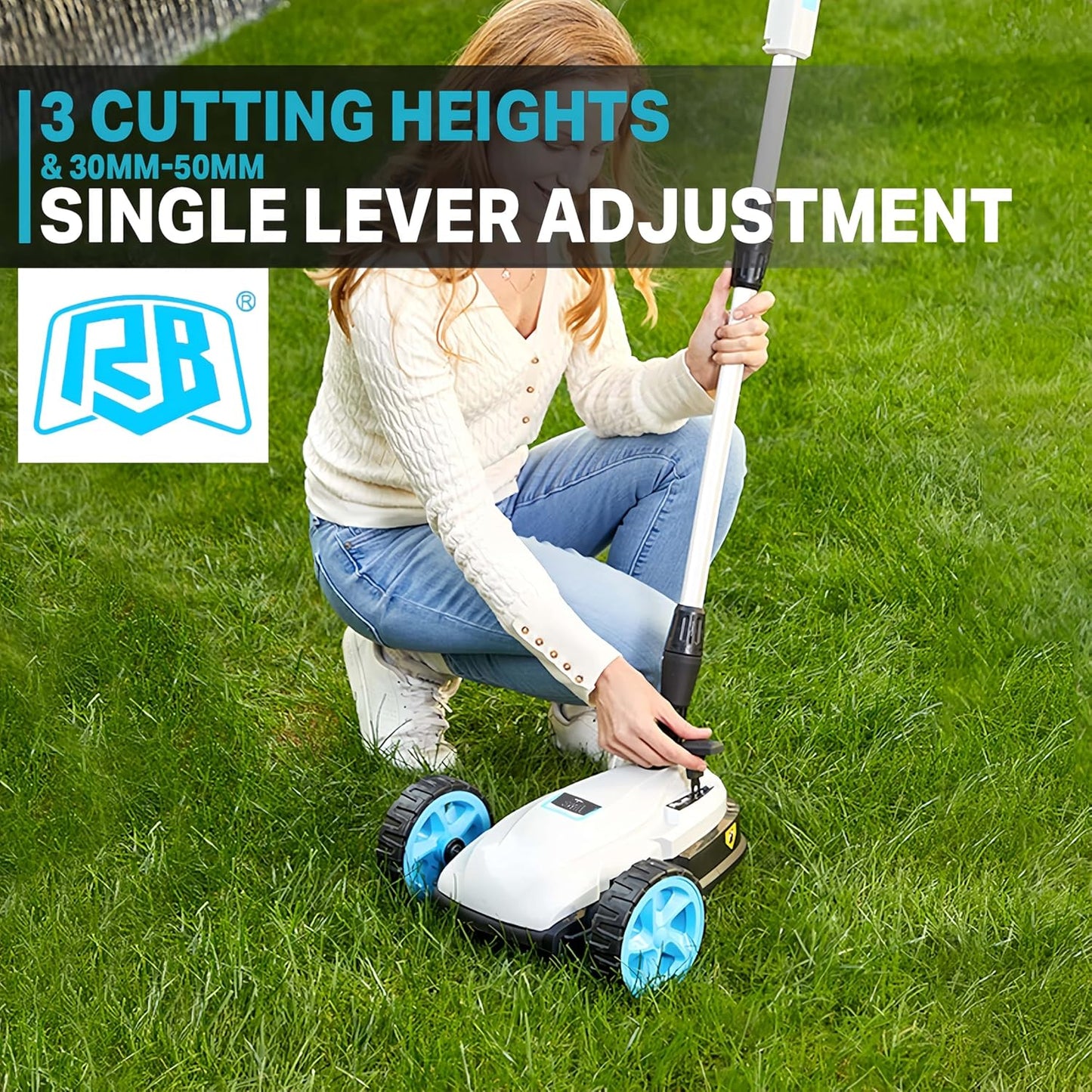 RB 9" Small Lawn Mower for Small Spaces, 40V 2Ah Battery & Charger, Ultra-Light Mini Cordless Lawn Mower with Brushless Motor, 3 Cutting Heights, One-Hand Steering, Upright Storage for Tiny Yards