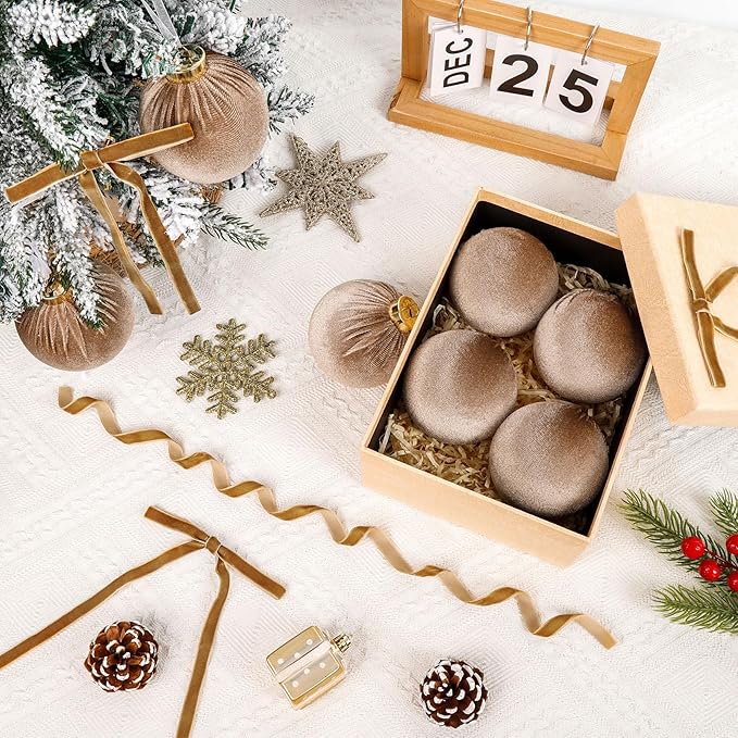 24 Pack Brown Christmas Ornaments Set, 12 Pcs 3.15 Inch Velvet Christmas Balls Shatterproof Flocked Hanging Balls Bulkand 12 Pcs Velvet Bows for Xmas Tree Garland Wreath Party Home Decor