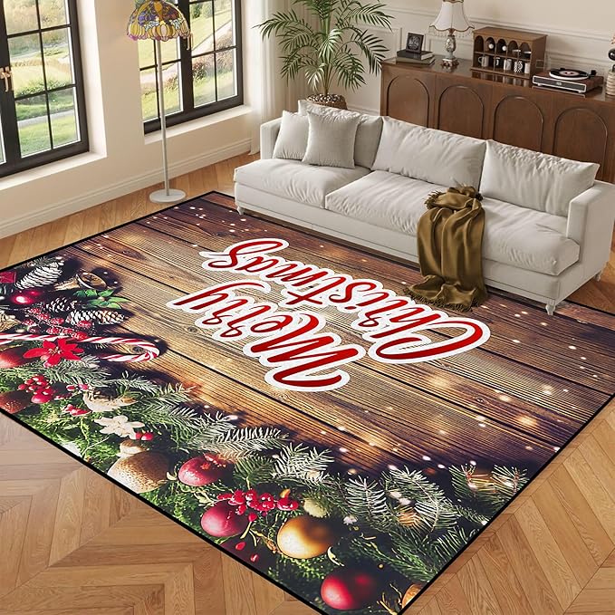 5' X 7' Christmas Rug Wood Grain Rugs, Xmas New Year Door Mat for Bedroom Living Room Kitchen, Merry Christmas Indoor Floor Mats for Holiday Festive Decoration