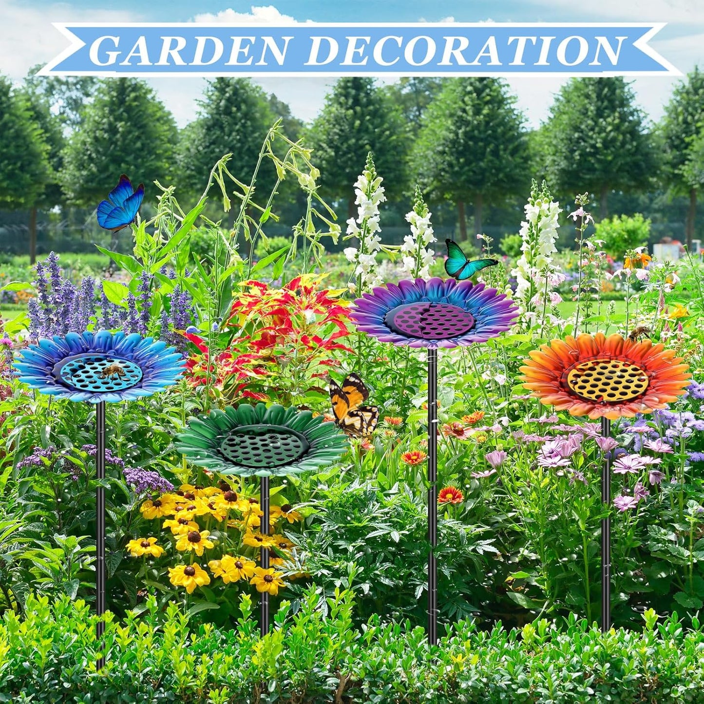 4 Pack Large Bee Watering Station 8.8'' for Bee Garden Anti Drowning Metal Pollinator Water Feeder Flower Butterfly Bath Bowl Colorful Bird Gardening Decoration, Rust Proof