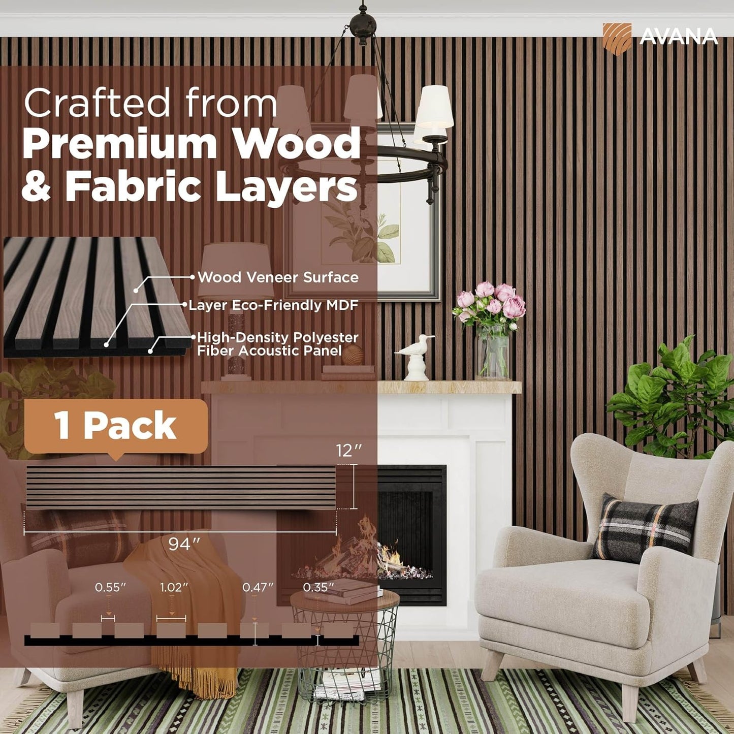 Avana Modern Acoustic Wood Wall Panels – 94.4 x 12.6 Inch Walnut Acoustic Panels 1 PC – Wall Panels For Interior Wall Decor For Homes, Offices, Studios – Sturdy & Durable Wood Panels For Wall