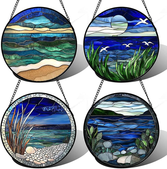 Stained Glass Window Hanging 4 Pcs Set Navy Blue Ocean Landscape 7.8" - Suncatcher Door Garden Sun Catcher Decor Birthday Mother's Day for Mom Woman Nana Girl Boy Friend