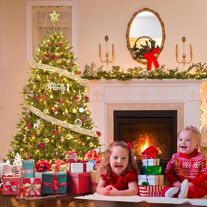 7.5 ft Prelit Christmas Tree with 600 Dual-Color LED Lights, Artificial Snow Flocked Full Xmas Tree with 2165 Branch Tips, Green & White Christmas Decorations