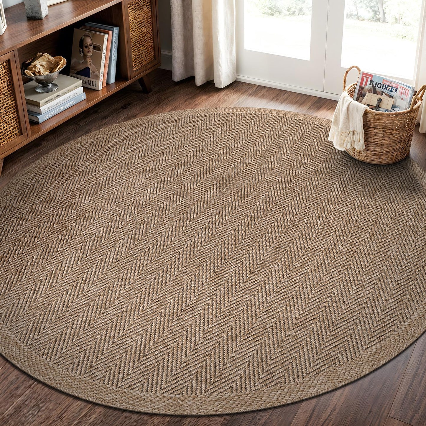 CAMILSON Easy Jute Round Rug 4ft Indoor Outdoor Natural Color Fiber Area Rugs for Living Room Patio and Kitchen Rug Herringbone Woven Design Easy-Cleaning Washable Outside Carpet Alfombras (4 Round)