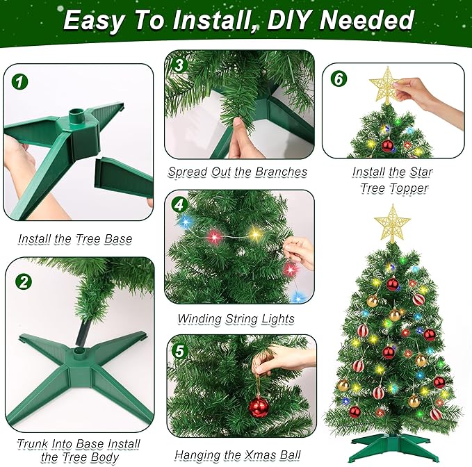 3FT Green Christmas Tree Tinsel with 50 Warm White & Multi Color Fariy Light 3D Star 15 Ball Ornament, 12 Light Modes Timer Battery Operated Small Artificial Full Xmas Tree Table Indoor Holiday Decor