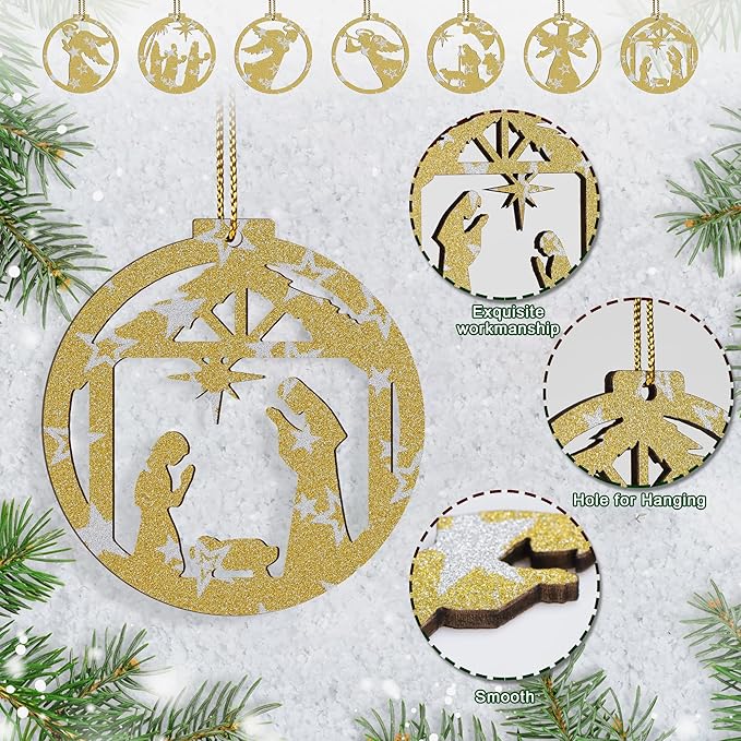 14 Pcs Nativity Scene Ornaments, Christmas Wooden Nativity Hanging Ornaments Set, Christian Nativity Scene Christmas Tree Decoration, Xmas Religious Gift for Family Friends and Christian