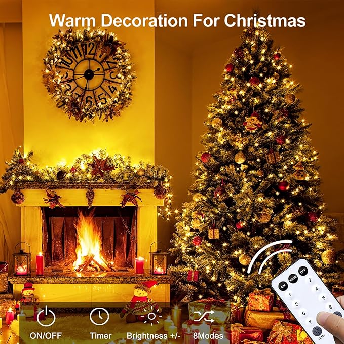 Upgraded 105FT 300 LED Fairy Lights Plug in Outdoor/Indoor, Timer & Remote & 8 Modes, Silver Wire Christmas String Lights, Waterproof Twinkle Lights for Xmas Tree Holiday Party Garden