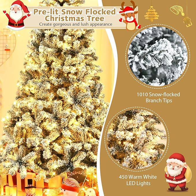 COSTWAY 7.5 FT Pre-Lit Christmas Tree, Snow Flocked Hinged Xmas Tree with 1010 Branches Tips & 450 LED Lights, Metal Stand, Artificial Pine Lighted Holiday Tree for Home Office Decorations