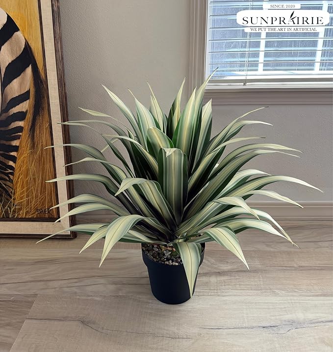 SUNPRAIRIE Life-Like Extra Large 34 Inch Tall Artificial Agave Plant. Cream Leaves with Textured Dark Green Stripes. UV Resistant Faux Plants. Outdoor and Indoor Large Artificial Plants.