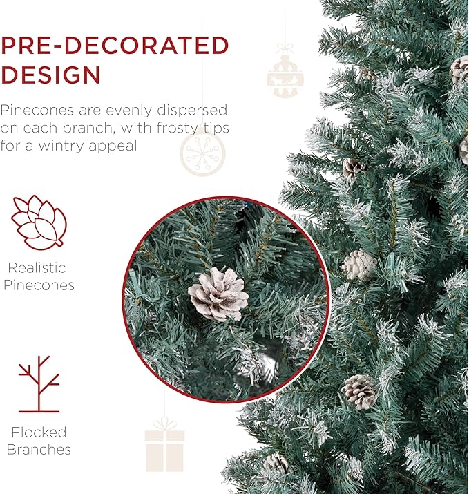 Best Choice Products 9ft Pre-Decorated Holiday Christmas Tree for Home, Office, Party w/2,028 Tips, Partially Flocked, Pinecones, Base – Blue Spruce