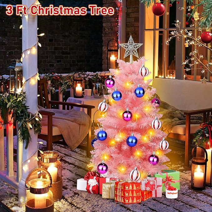 [Timer & 8 Modes] 3FT Pink Christmas Tree with Lights, Artificial Small Christmas Tree with Star -Includes 15 Xmas Balls Ornament Pink Xmas Trees Decorations for Home, Office, Indoor and Outdoor